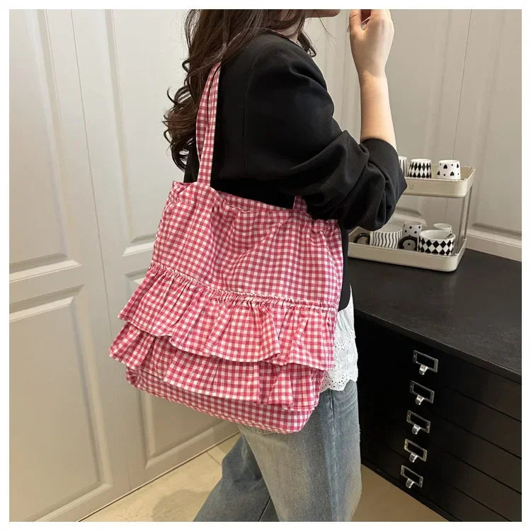Large Capaci Cute Plaid Cotton Tote Bag  Lace Trim Women's Summer 2025 Simple Lady Handbag Soft Shoulder Bags Bolsa Feminina Pi-Mart