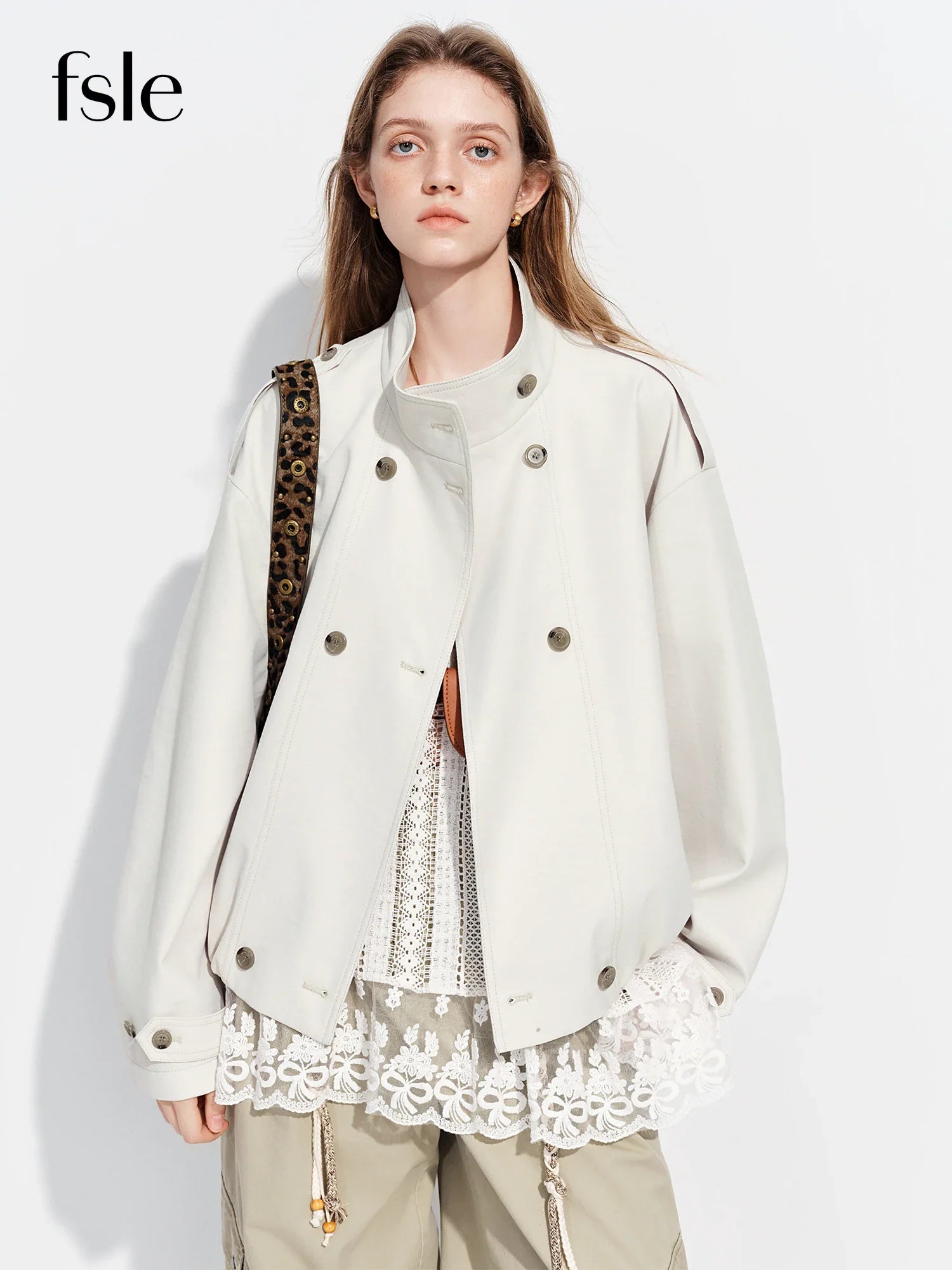 FSLE【Premium Series】Women's Oversize Short Trench Coat Brown Faux Leather Belted Jacket Grey Windbreaker Y2K Retro Outerwear LadyShow.Store
