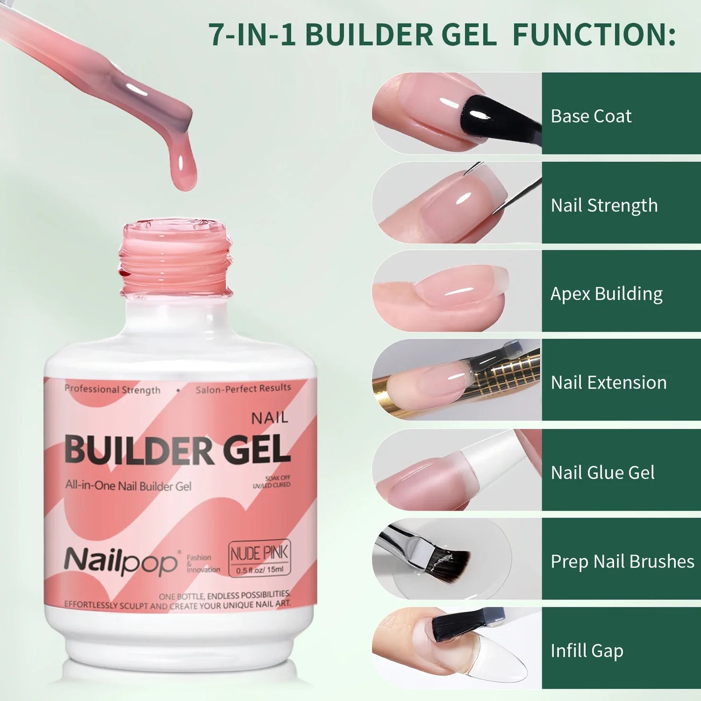Nailpop 7-in-1 Builder Nail Gel HEMA/TPO Free Fast Building Gel Nail Polish 8 Colors Nail Tip Reinforcement and Extension 15ml Tri Light Beauty