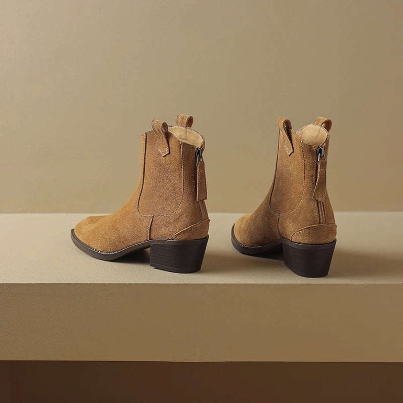 New 2025 Trend Autumn Winter Cow Suede Women Western Boots Black Brown Khaki Purple Green Burgundy Pointed Toe Lady Ankle Boots Pi-Mart
