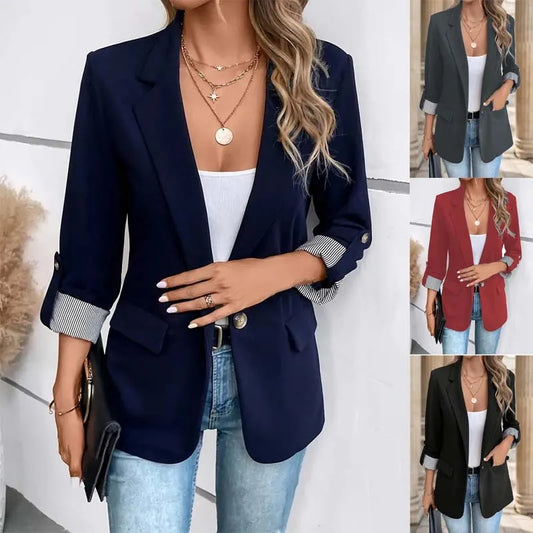 New women's casual and fashionable jacket with rolled sleeves and slim fit button up suit LadyShow.Store