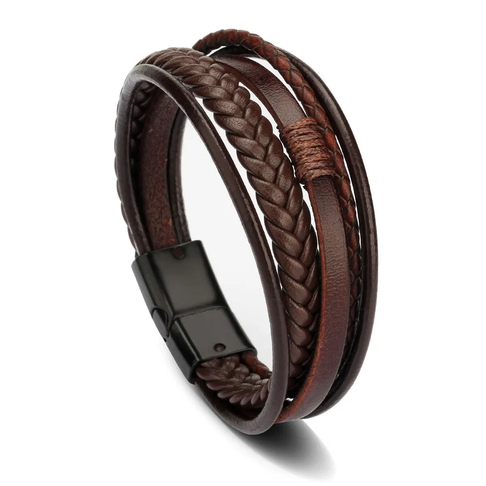 Trendy Leather Bracelets For Men Stainless Steel Bracelet 21CM Multilayer Braided Rope Bracelets for Male Jewelry Gifts Pi-Mart