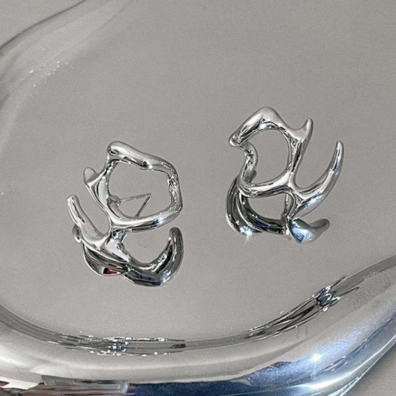 Y2K Irregular Liquid Earrings for Women Silver Color Hip-Hop Punk Fashion Geometric Earring Clip Girl 2024 Trendy Party Jewelry Pi-Mart