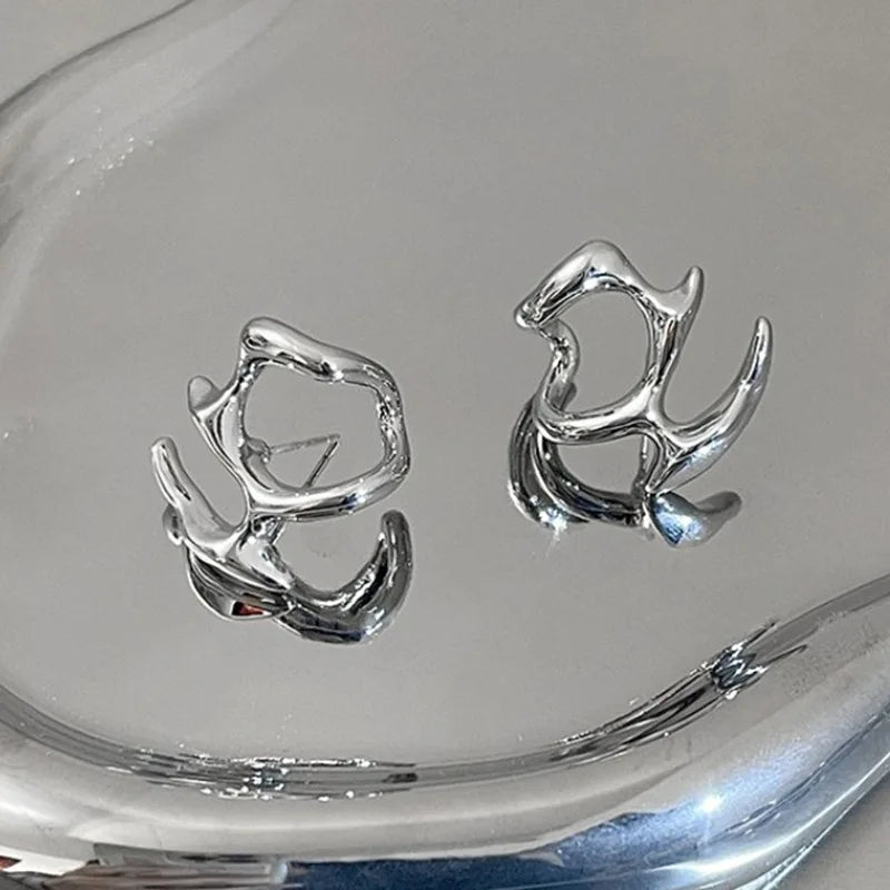 Y2K Irregular Liquid Earrings for Women Silver Color Hip-Hop Punk Fashion Geometric Earring Clip Girl 2024 Trendy Party Jewelry Pi-Mart