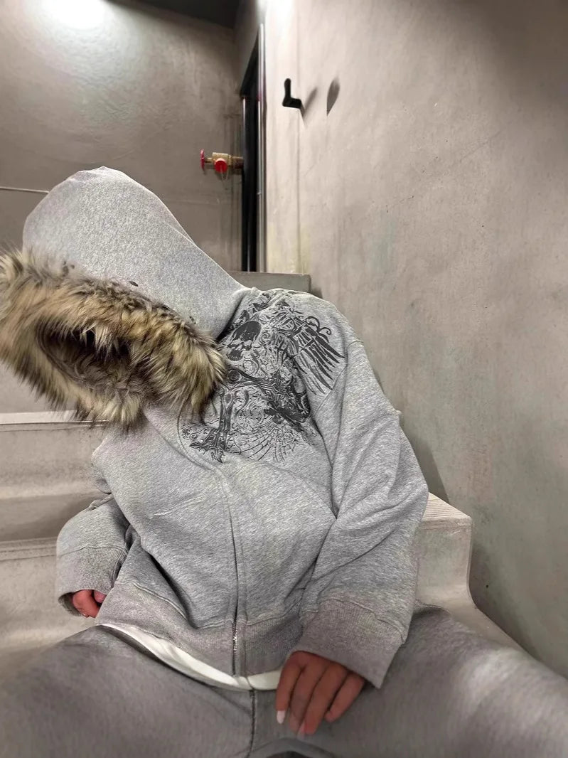 Autumn/Winter Y2k Women Aesthetic Harajuku Faux Fur Collar Hoodies Clothes Graphic Hip Hop Punk Gothic Zip Up Hoodies 2025 new LadyShow.Store