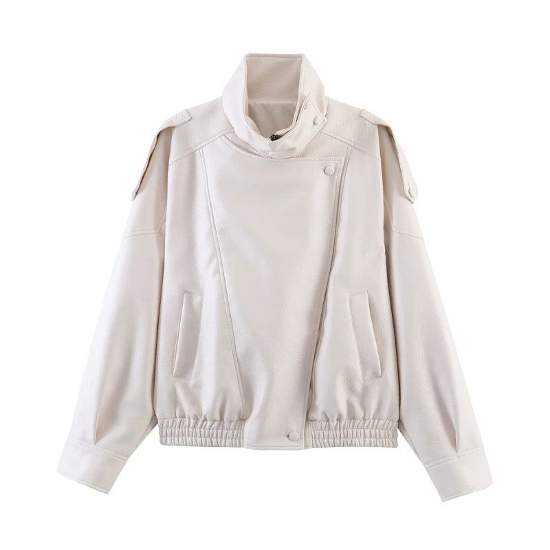 HH Autumn Faux Leather Jacket For Women Casual Solid Long Sleeve Zipper Pu Leather Coats New Fashion Female Streetwear Pi-Mart