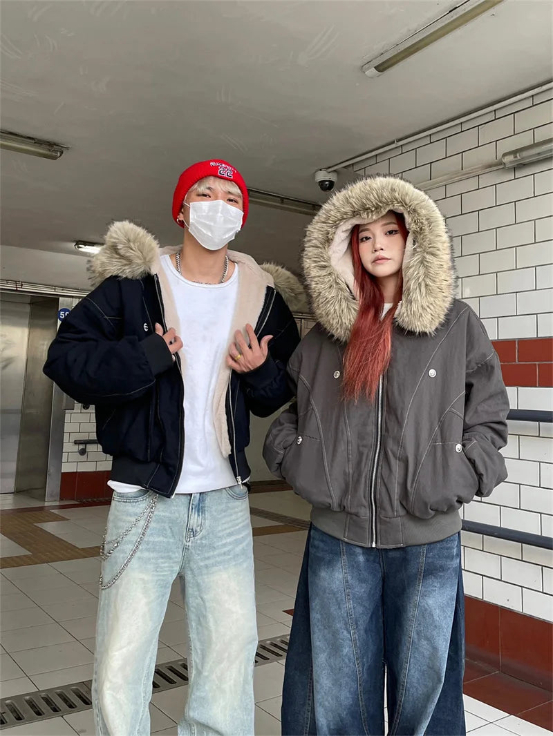 ZAROY Fur Collar Hooded Parkas Y2k Harajuku Thicken Padded Jackets Casual Zipper Gothic Women&Men Winter Coats Streetwear кур Pi-Mart