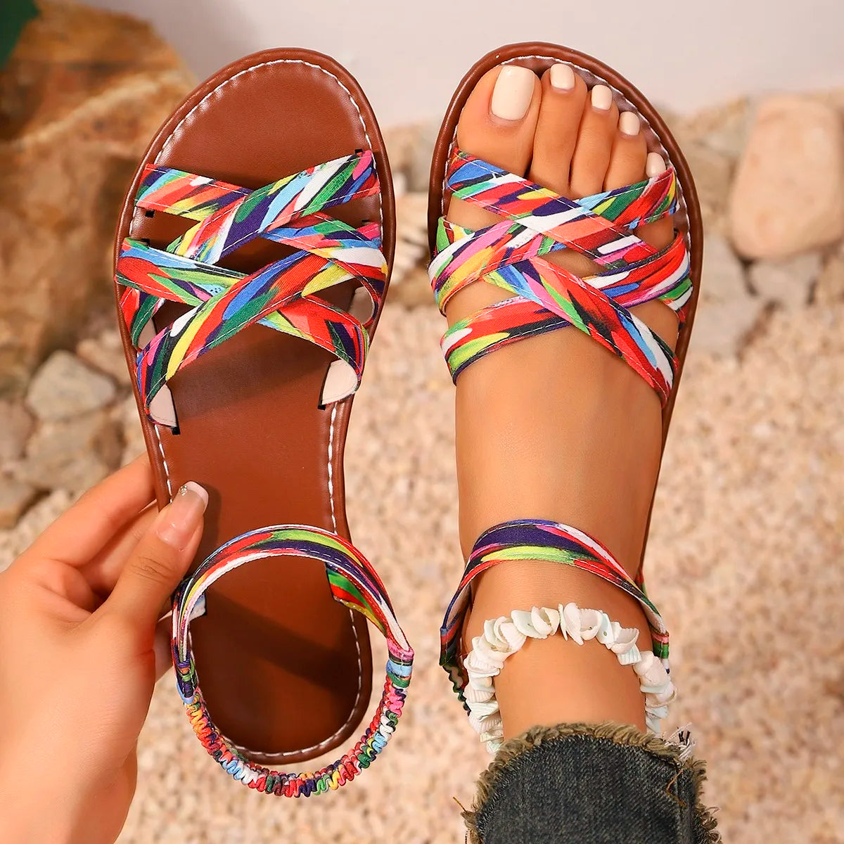 Shoes for Women 2025 Summer New Women Flat Sandals Bottom Roman Strap Sandals with Non Slip Rubber Soles Ladies Daily Sandalia LadyShow.Store