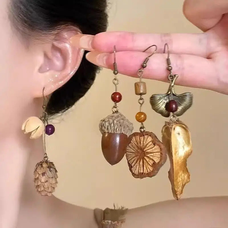 1Pair Vintage Wooden Plant Earring For Women Creative Natural Plant Dried Fruits Drop Earrings Ethnic Jewelry Pi-Mart