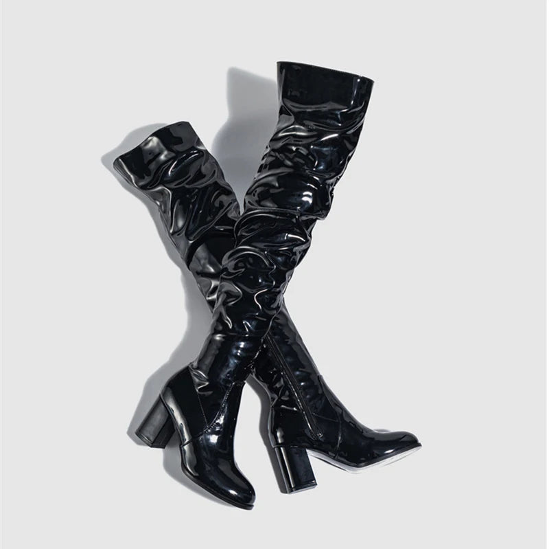 Hlieny 2026 Winter New Thigh High Boots Fashion Patent Leather Round Toe Zip Female Square Heels Pleated Design Women's Shoes Pi-Mart