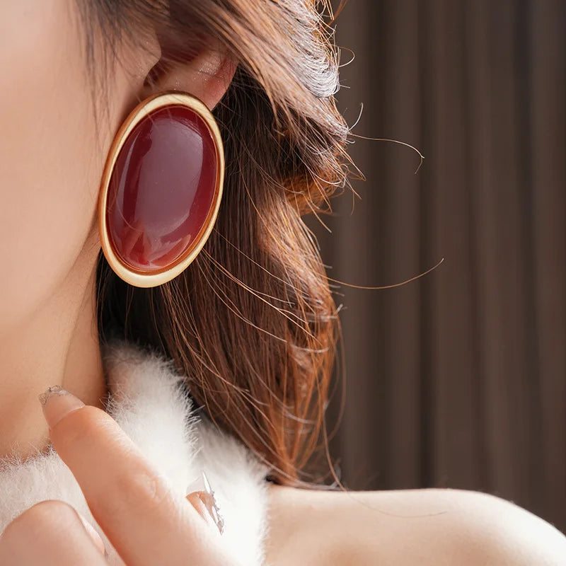 Anchor Red Geometric Oval Stud Earrings for Women Personality Versatile Resin Earrings Simple Fashion Jewelry Wholesale Gifts N1 Pi-Mart