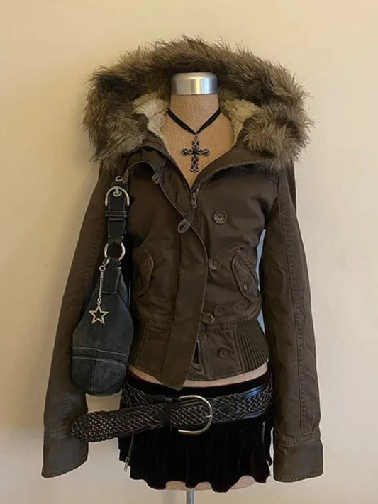 2026 Spring Retro Faux Fur Coats Women 2000s American Vintage Jackets Harajuku Gotihc Punk Clothing Jean Parkas Female Outwear LadyShow.Store