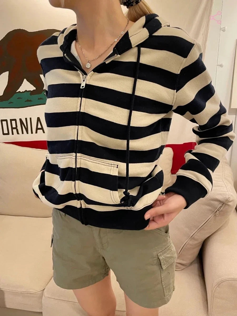 Stripes Vintage Zip-up Hoodie Woman Drawstring Hooded Long Sleeve Cotton Coat Casual Preppy Style Sweet Cute Hoodies Top Clothes LadyShow.Store