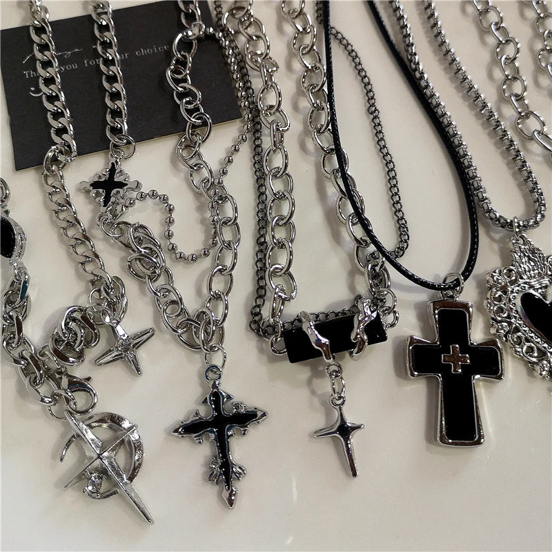 Punk Rock Black Heart Cross Pendant Chain Necklace For Men Women Cool Hip Hop Street Vintage 90s Y2K Grunge Goth Accessories Pi-Mart