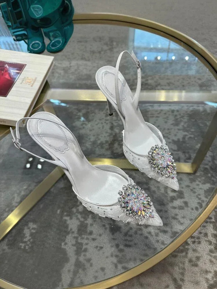 White Wedding Shoes, Rhinestone Pointed Crystal Toe Sandals, New High-heeled Shoes, Sexy Single Shoes Pi-Mart