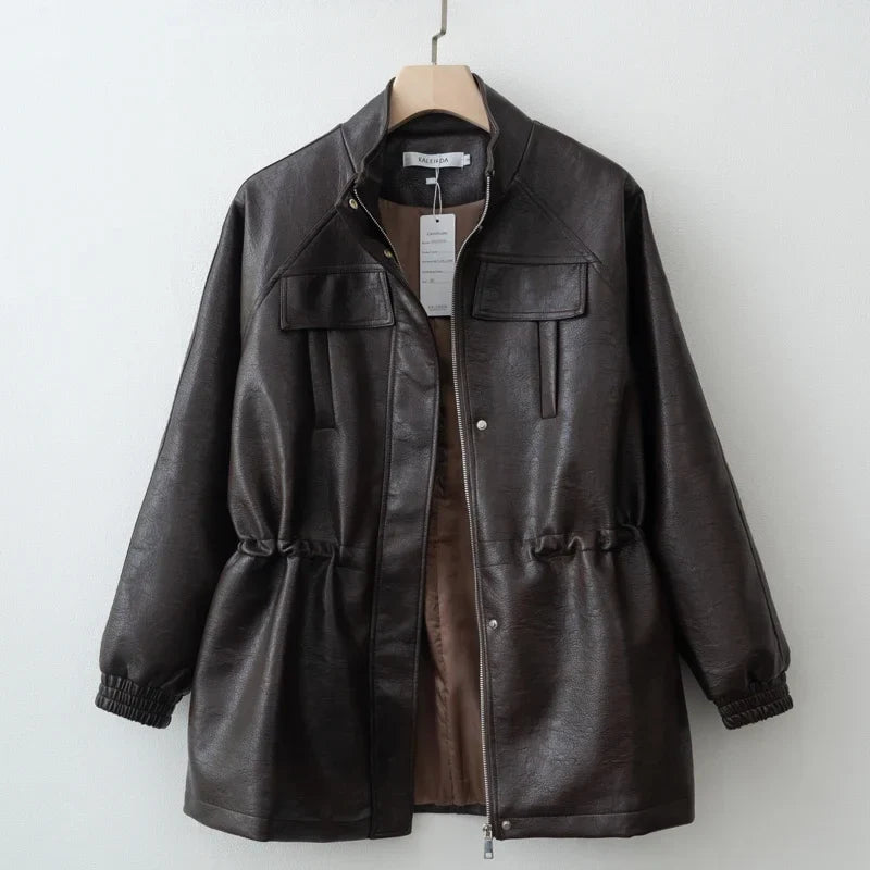 Women Fashion 2025 Fall / Autumn Pu Leather Jacket with Elastic adjustable waist Female Coat and Outerwear LadyShow.Store