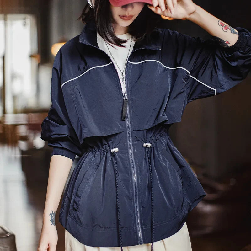 Maden Women's Lightweight Stand Collar Short Windbreaker Jacket Navy Blue Contrast Parka with Waist Cinching for Spring and Fall LadyShow.Store