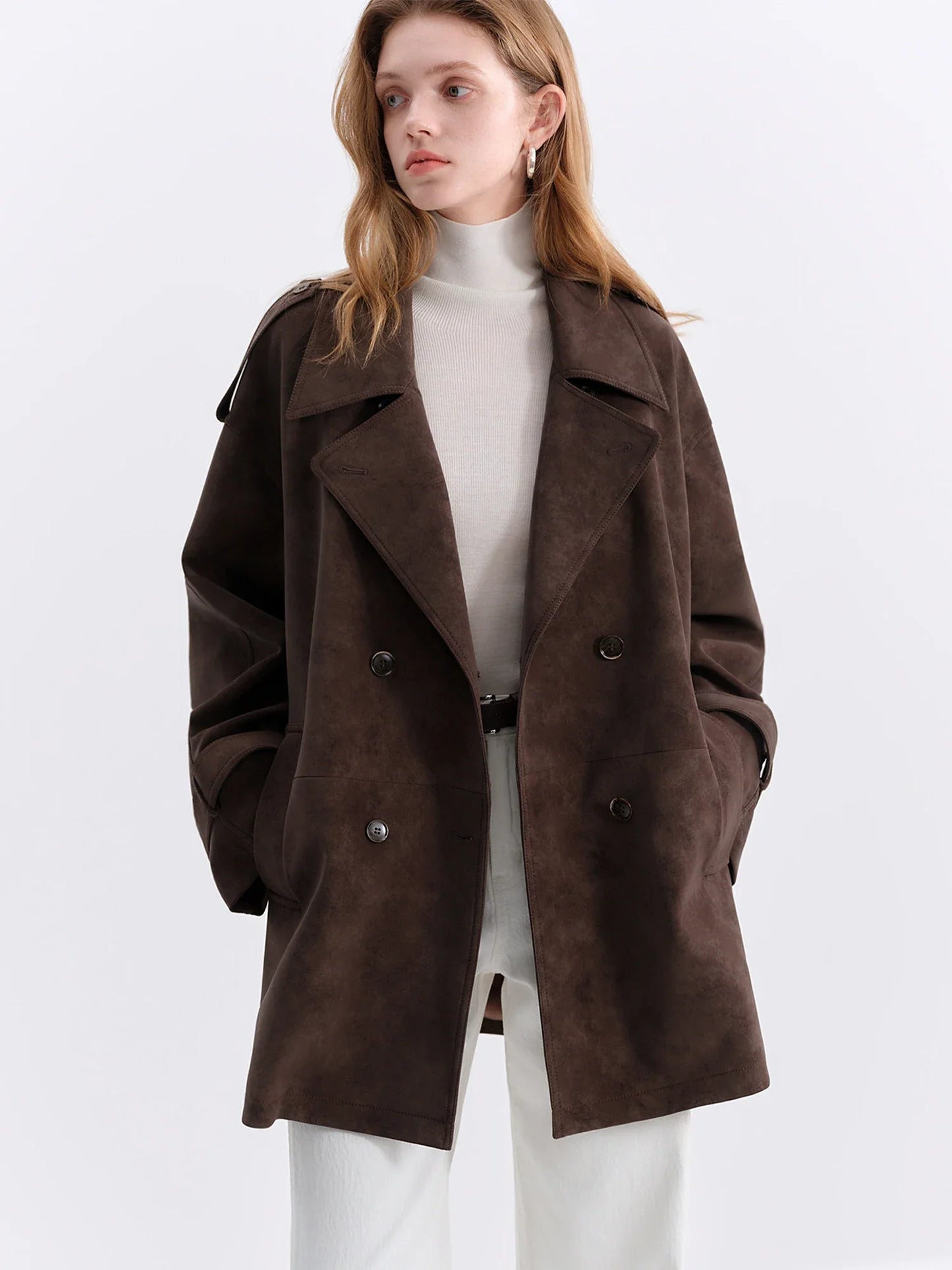 FSLE Retro Double-breasted Lapel Loose Leather Jacket for Women 2025 Winter New Casual Coffee-colored Jacket Loose Fit LadyShow.Store