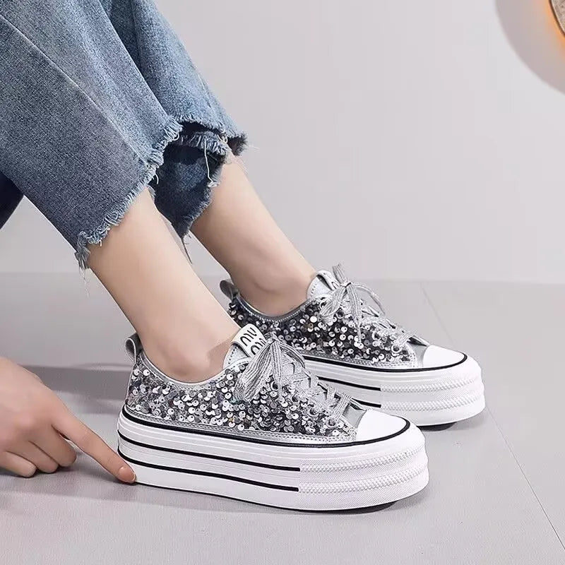 Woman Platform Sneakers Wedge Shoes Female Spring Autumn Sequins Bling Casual Shoes Ladies Thick-soled Canvas Shoes Pi-Mart