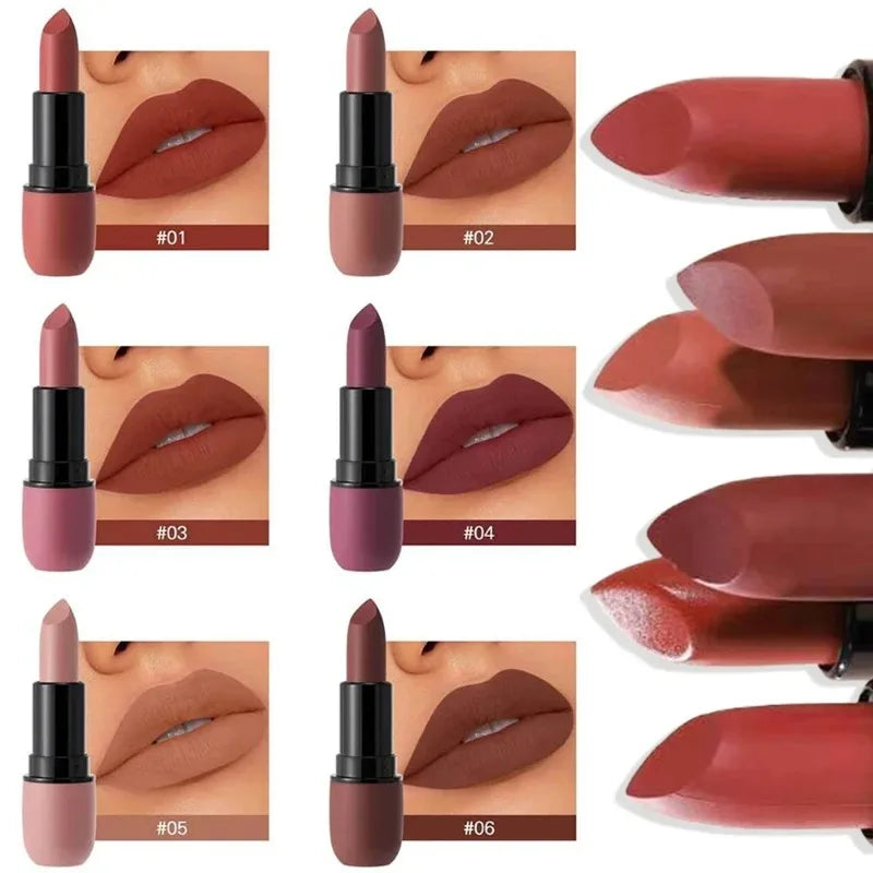 6-Color Matte Velvet Sexy Lipstick Waterproof Long-Lasting Nude Brown Lipstick Smooth High Pigment Profissional Lipgloss Makeup Pi-Mart