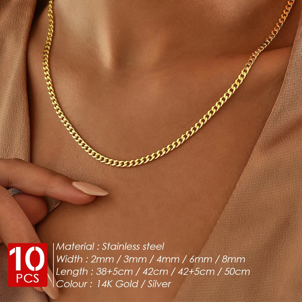 EMANCO 10PCS Men's Cuban Link Chain Necklace Stainless Steel Women Trendy Punk Jewelry 2MM/3MM/4MM/6MM/8MM Wholesale Pi-Mart