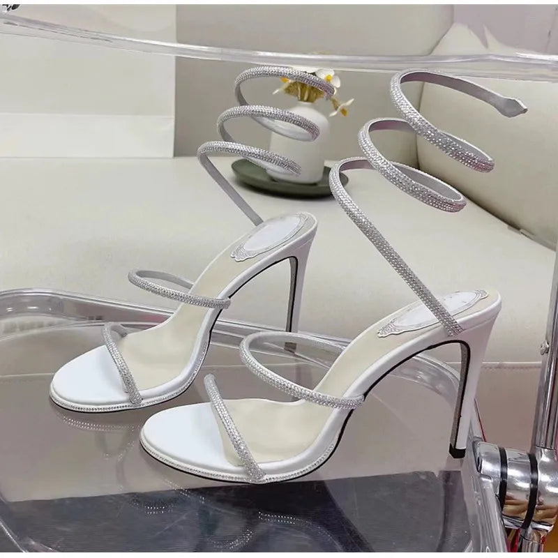 Fashion Summer Snake Twine Around Crystal Women Sandals Luxury Rhinestones Thin High heels Gladiator Sandals  Party Prom Shoes Pi-Mart