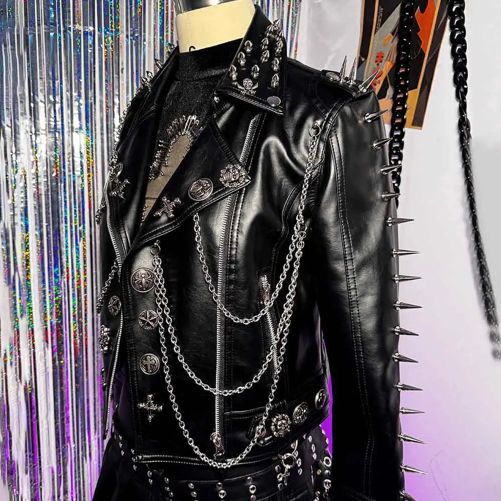 Gothic E-Girls Skull PU Leather Jacket Y2K Trendy Punk Rock Harajuku Chain Cross Street Wear Digital Glitch Core Club Goth Pi-Mart