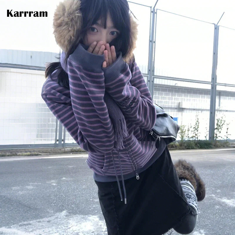 Karrram Japanese Y2k Purple Striped Cardigan 2000s Style Turtleneck Knitted Jacket Vintage Harajuku Zipper Knitwear Korean 90s LadyShow.Store