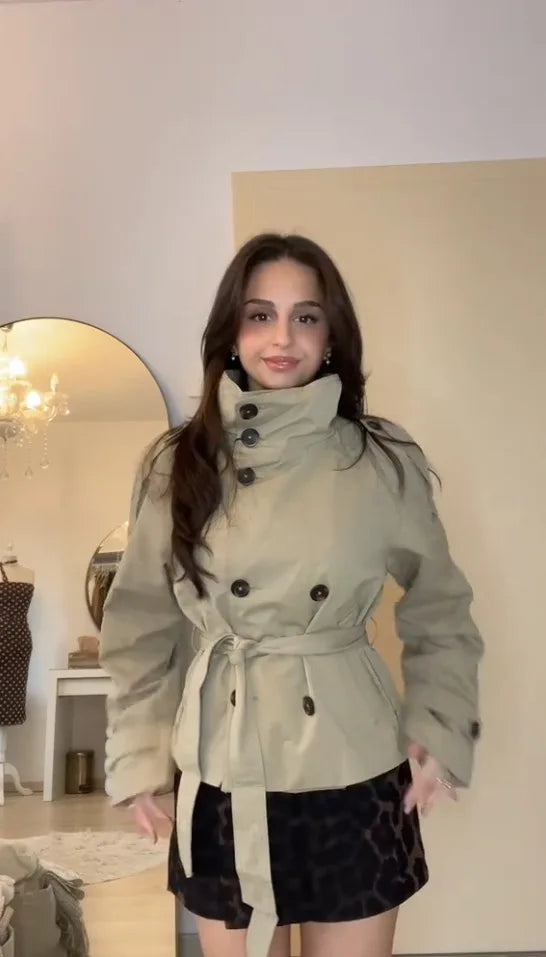 Belted Waist Cropped Trench Jackets Women Double Breasted Stand Collar Coats 2025 Autumn Chic Casual Vintage Jacket Women Cloth LadyShow.Store