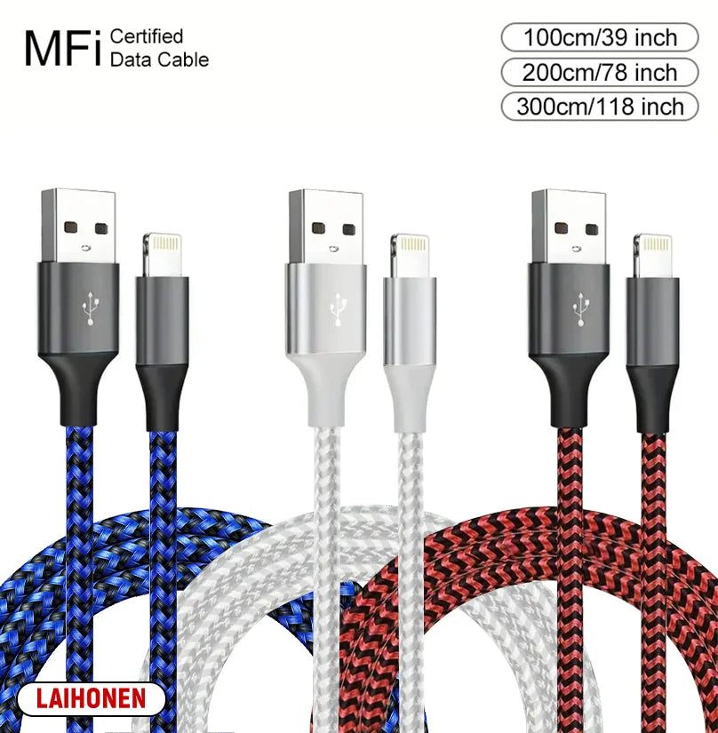 1M 2M 3M USB A To Lightning MFi Certified  Cable For iPhone 14 13 12 11 X XR Pro Max Fast Charging Cable Charger Data Wire Cord Pi-Mart