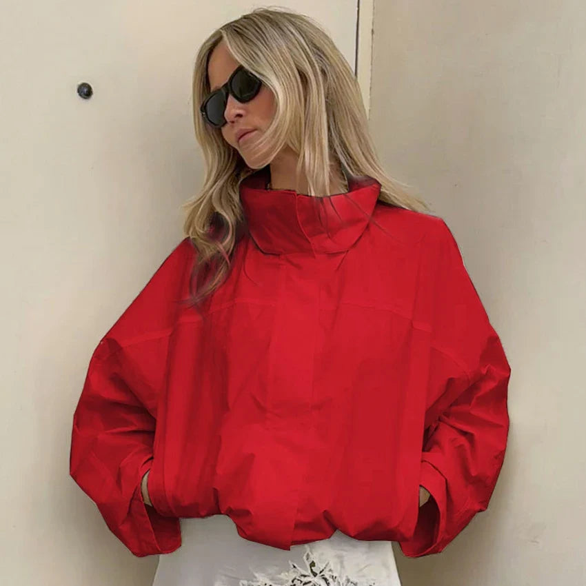 Linad Street Chic Red Turtleneck Zipper Jackets Autumn Casual Long Sleeve Outerwear Fashion Coats For Woman Tops Female 2025 LadyShow.Store