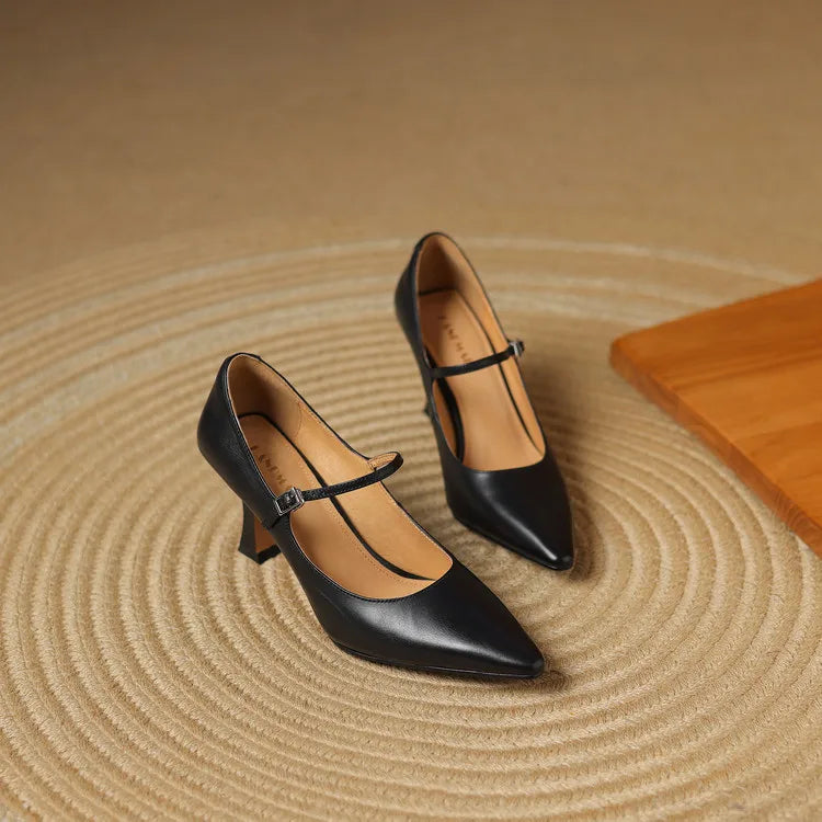 NEW Spring/Autumn Women Pumps Genuine Leather Shoes for Women Pointed Toe Thin Heel Shoes Shallow Buckle Strap Mary Janes Shoes Pi-Mart