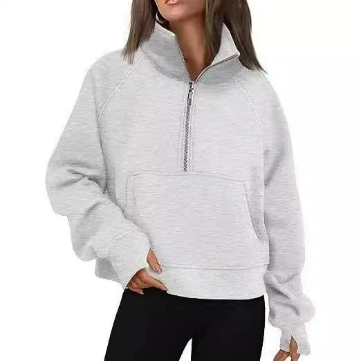 New Women's Spring Autumn Winter Stand Collar Plus Fleece Solid Color Hoodie Long Sleeve Pocket Loose Half Zip Pullover Hoodie Pi-Mart