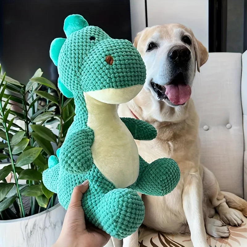 Green, Durable, Chewable Plush Dinosaur Dog Toy with Squeaks - An Interactive Pet Toy Suitable for Medium-Sized Dogs. Pi-Mart