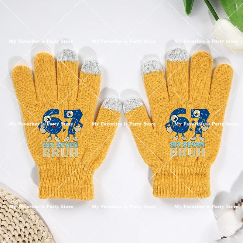 Funny 67 Six Seven Winter Gloves Touch Screen Gloves Fnafs Warm Stretch Knit Mittens Imitation Wool Full Finger Crochet Thicken Pi-Mart