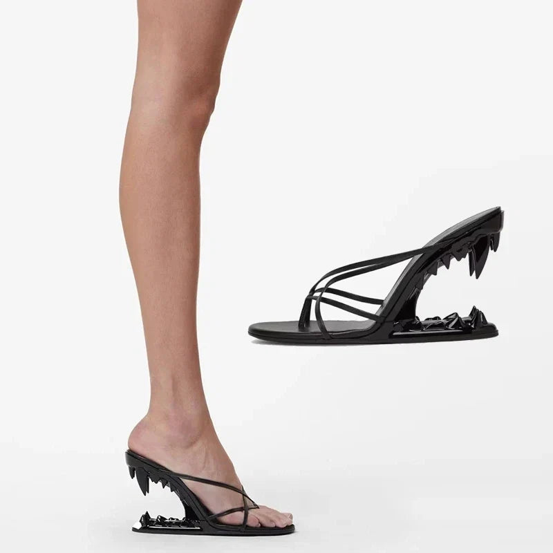 Dilalula Sexy Super High Strange Heel Slippers Women Flip Flops Narrow Band Sandals Lady Night Club Party Slippers Tiger Tooth LadyShow.Store