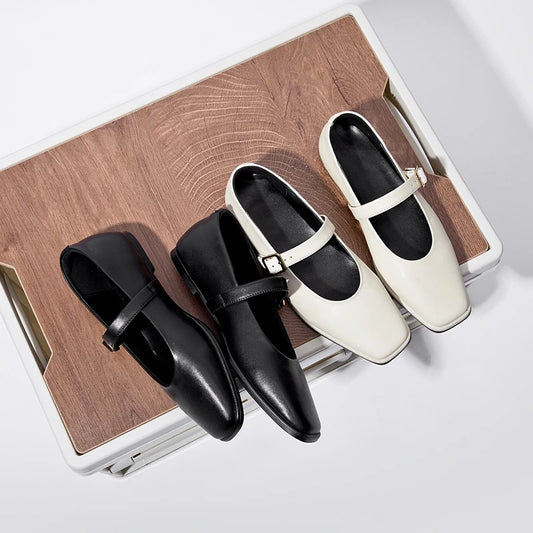 AIYUQI Mary Jane Shoes Female Genuine Leather 2026 New Snap Ballet Shoes Women Square Toe Flat Cowhide Ladies Shoes Pi-Mart