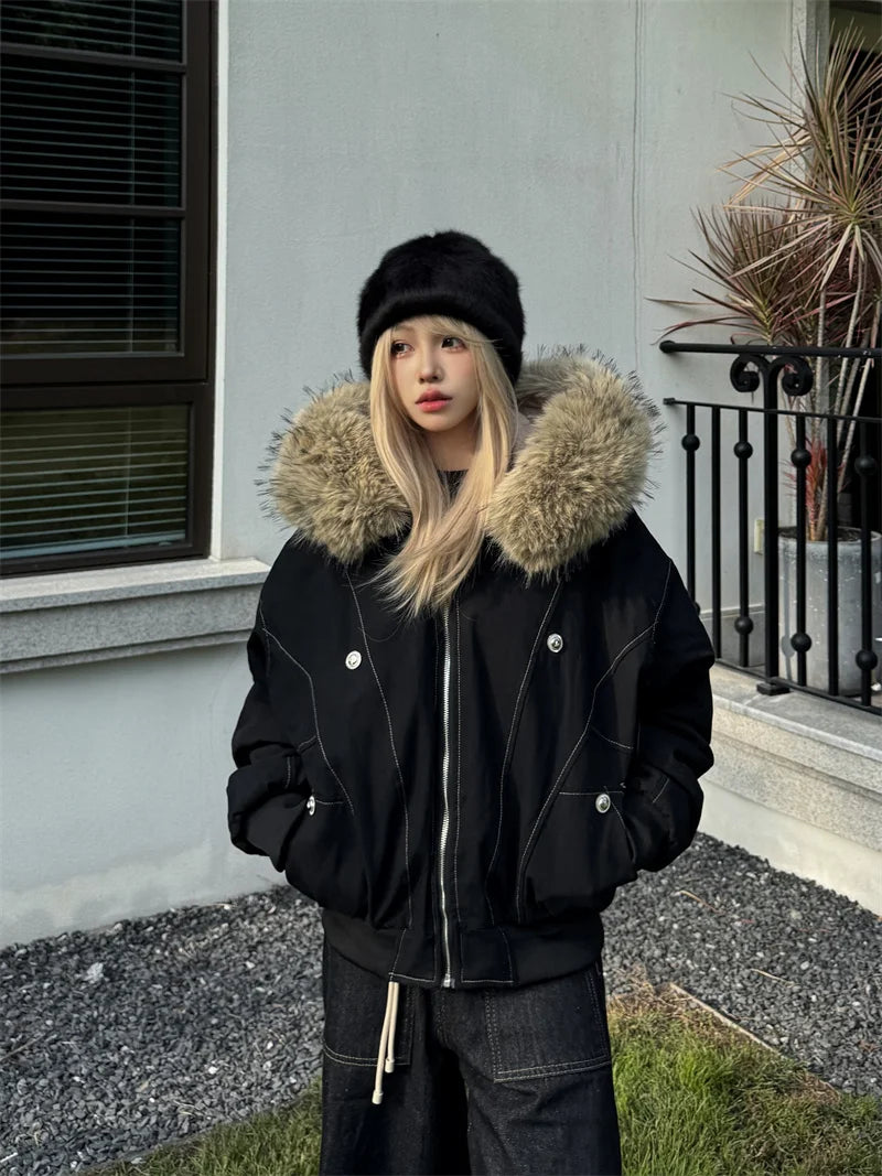 ZAROY Fur Collar Hooded Parkas Y2k Harajuku Thicken Padded Jackets Casual Zipper Gothic Women&Men Winter Coats Streetwear кур Pi-Mart