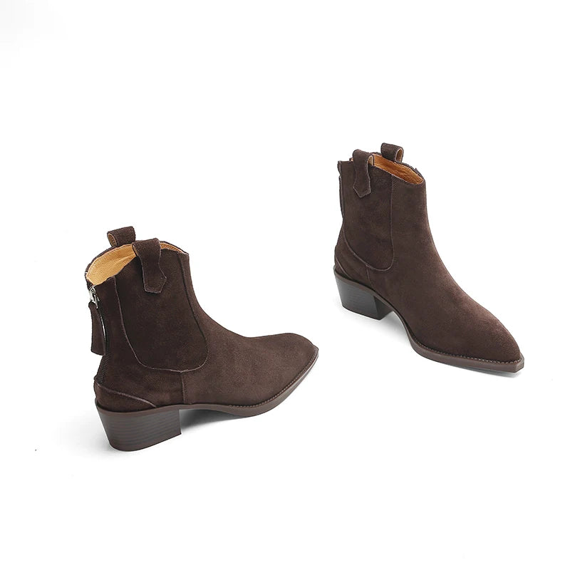 New 2025 Trend Autumn Winter Cow Suede Women Western Boots Black Brown Khaki Purple Green Burgundy Pointed Toe Lady Ankle Boots Pi-Mart