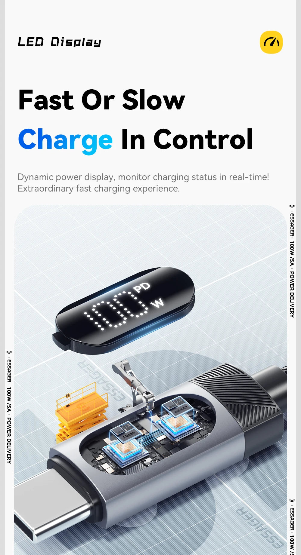 Essager Digital Dispaly USB C Cable For iPhone 17 16 15 Xiaomi Huawei 100W PD Fast Charging For Macbook iPad Type C to C Cable Pi-Mart