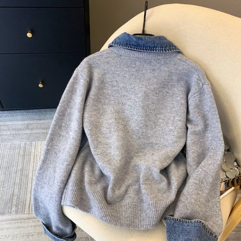 Chic Denim Collar Stitching Fake Two-piece Sweater Women's Cardigan New Single Breasted Knitted Jacket Coat Female Outwear LadyShow.Store