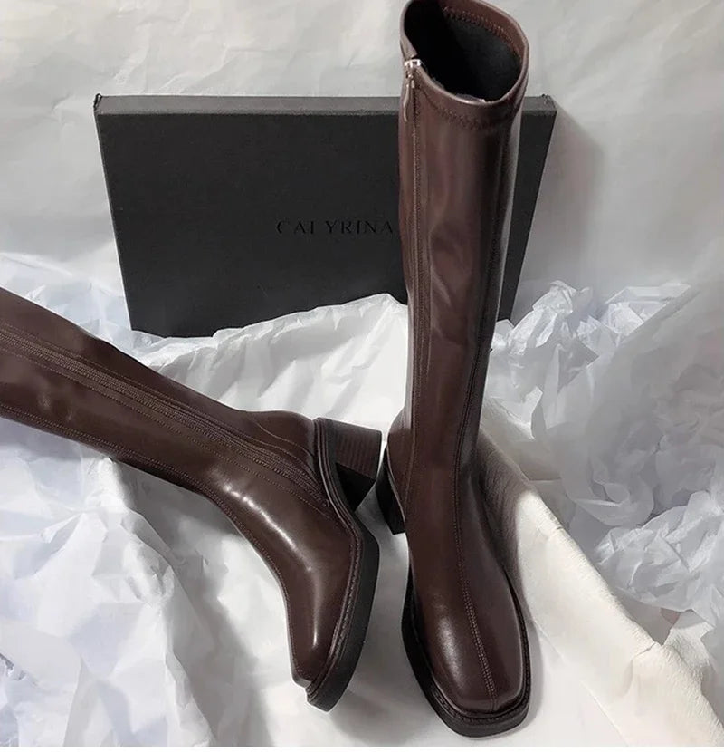 Vintage Thick Heel Women Knee High Boots Fashion Side Zippers Shoes Autumn Winter Ladies Concise Long Botas De Mujer Pi-Mart