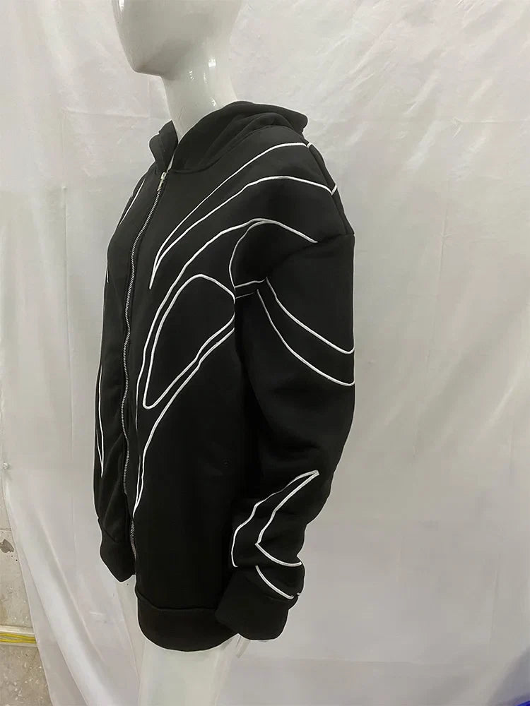Street Retro Fashion Clothing Striped Embroidered Black Double Zipper Hoodie American Hip-hop Punk Oversized Sweatshirt women LadyShow.Store