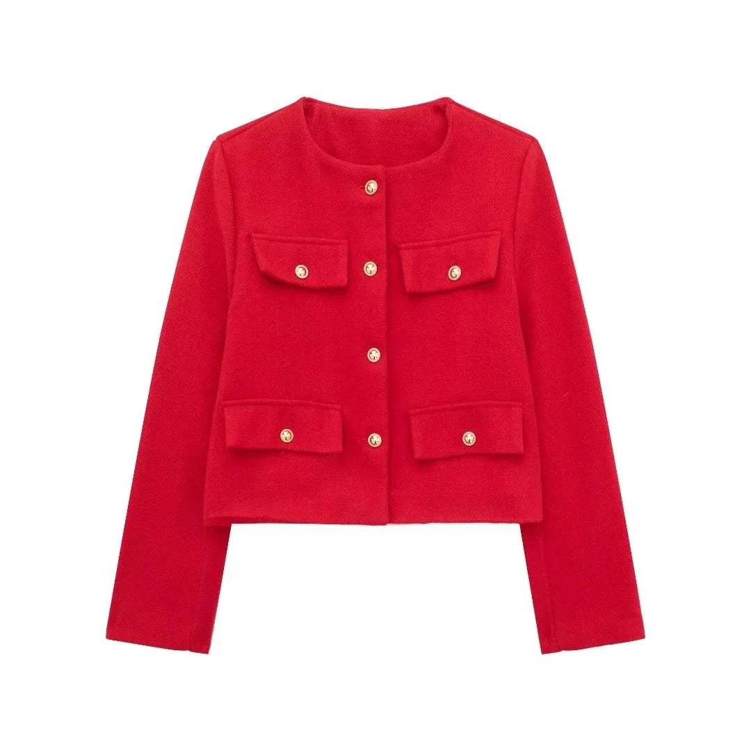 HH Women Vintage Solid Coat Button Long Sleeve O Neck Jacket With Pocket 2024 Spring Elegant Female Casual Outerwear Jakcet LadyShow.Store
