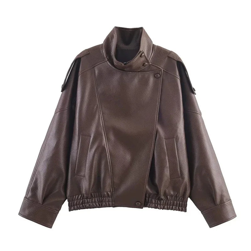 2026 Autumn Women's Faux Leather Jacket Brown Black Long Sleeve Stand Collar Thick Loose Lady Coat Fashion Motorcycle Streetwear LadyShow.Store
