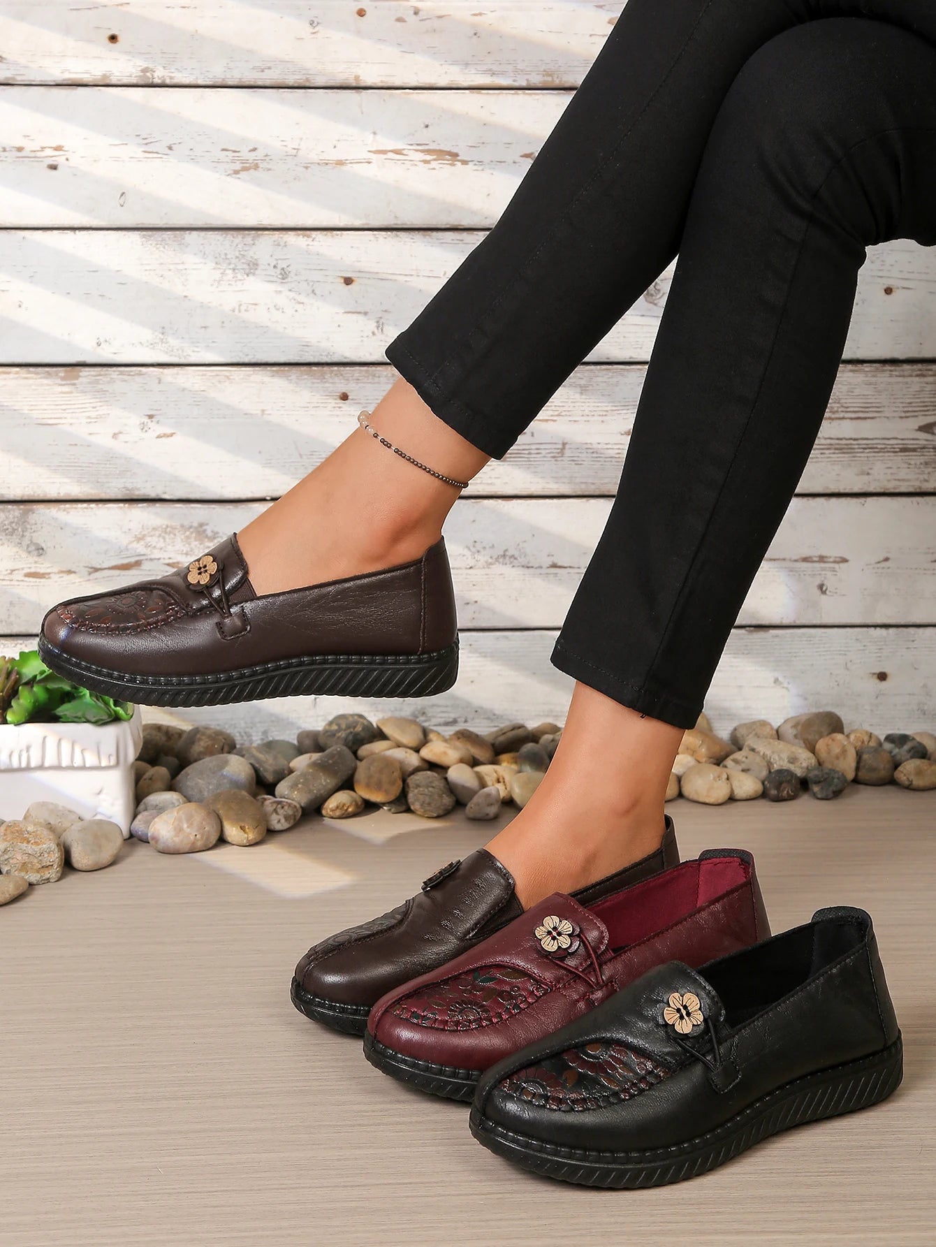 Women's Spring Autumn Leather Loafers Floral Embossed Slip‑On Flats Anti‑Slip Comfort Casual Mom Daily Walking Free Shipping Pi-Mart