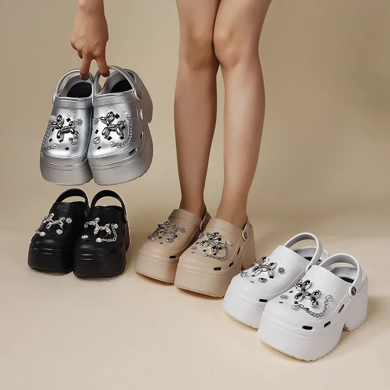 New Women's Silver Platform Clogs Summer 2025 Comfortable Slip on Wedge Sandals Woman Fashion Chain Thick Sole Garden Shoes Lady LadyShow.Store