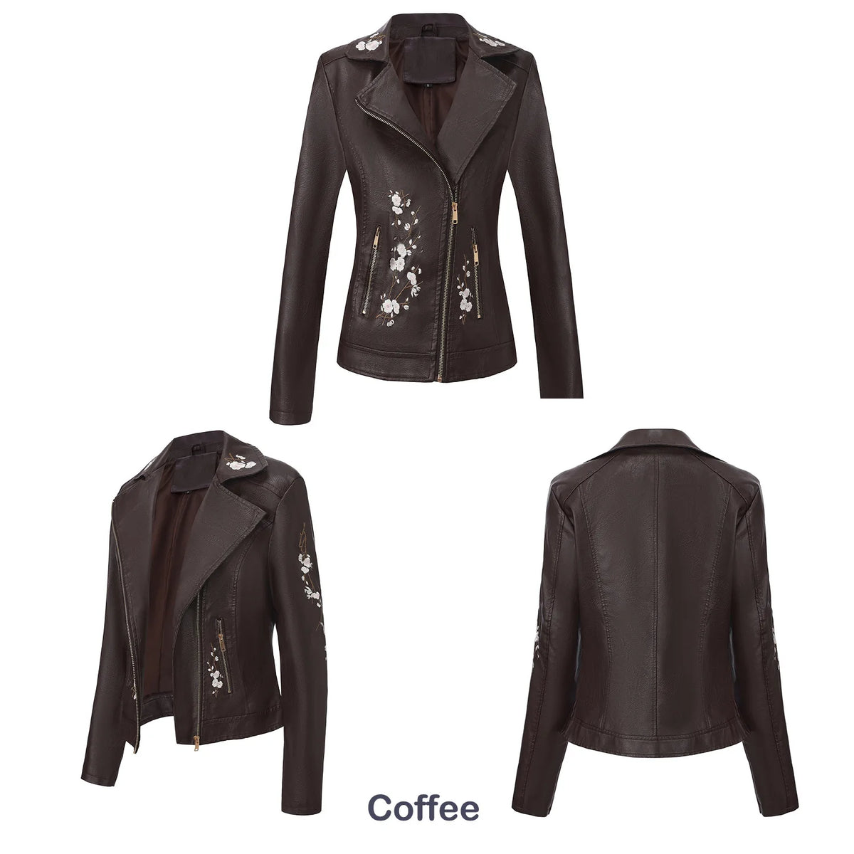 New Fall Women's Black Faux Leather Jacket; White Floral Embroidered PU Coat; Dark Brown Motorcycle-style Top. Pi-Mart