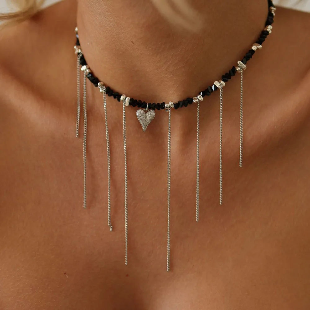 New Irregular Choker Vintage Tassels Zircon Heart Pendant Necklace For Women Female White Imitation Pearl Chain Valentine's Gift Pi-Mart