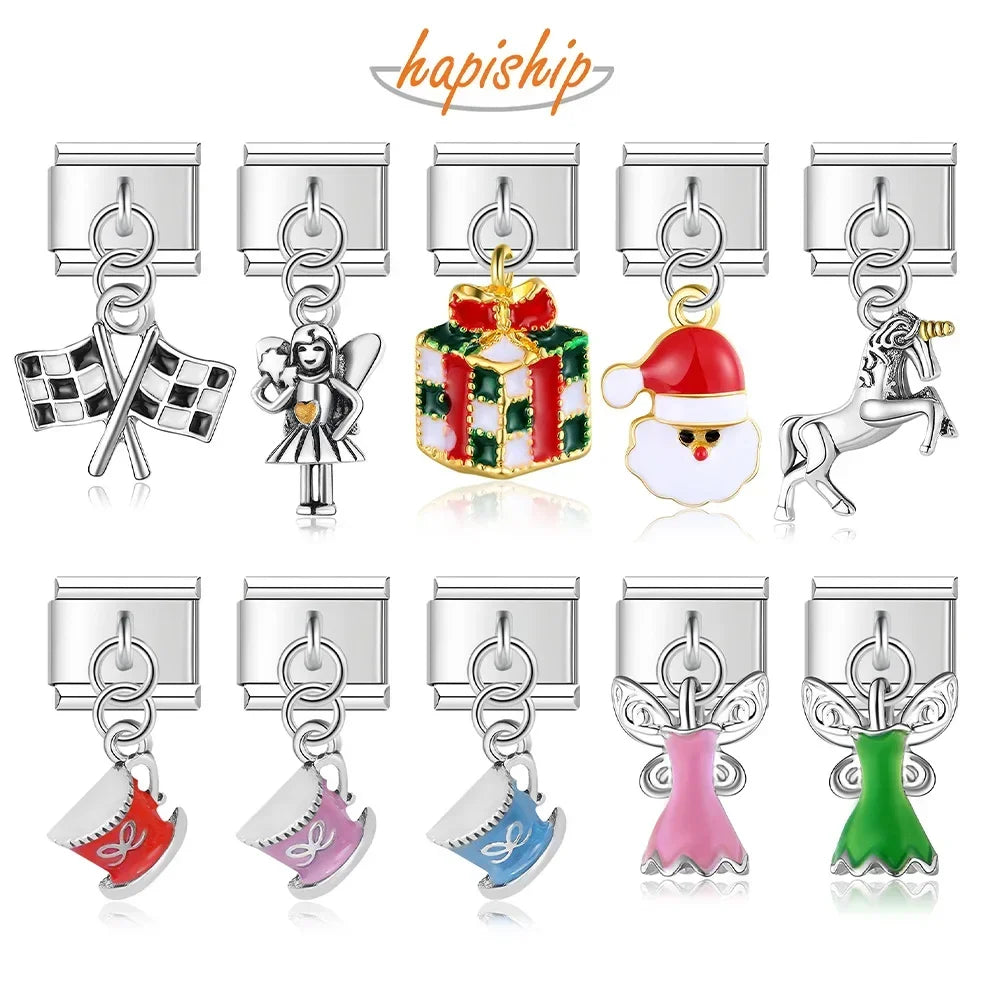 Hapiship 9mm Width Original Daisy Unicorn Angel Cup Santa Claus Italian Charm Fit Bracelet Stainless Steel Jewelry Making DJ050 Pi-Mart